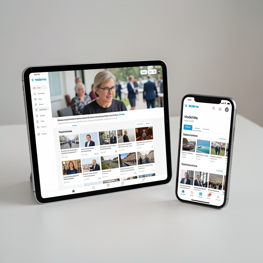 Moderna digitalna medijska platforma prikazana na tabletima i pametnom telefonu, aplikacija za vijesti s čistim sučeljem