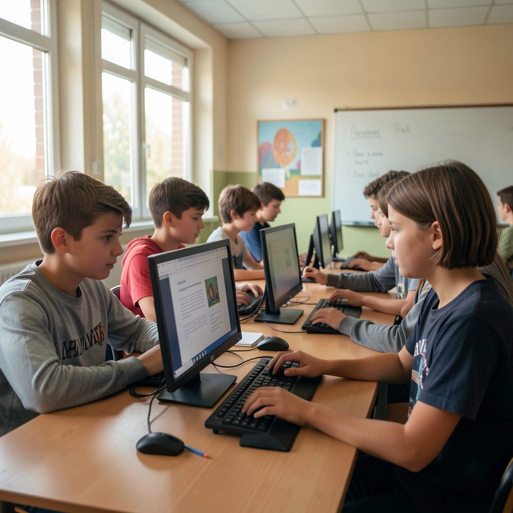 Mladi učenici koji analiziraju medijski sadržaj na računalima u učionici, edukacija o medijskoj pismenosti