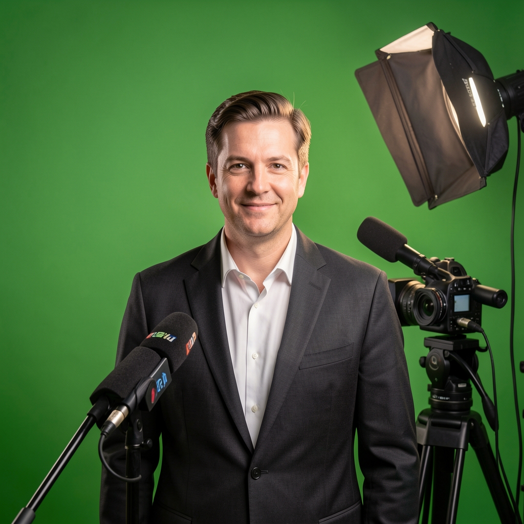 Video produkcija u studiju, kamera usmjerena prema voditelju vijesti pred zelenom pozadinom, profesionalna studijska oprema