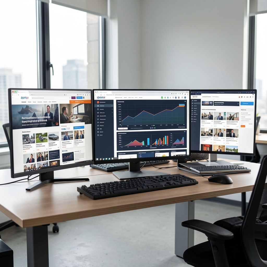 Moderno digitalno newsroom okruženje s više monitora koji prikazuju web portale, dashboarde i analitiku medijskog sadržaja
